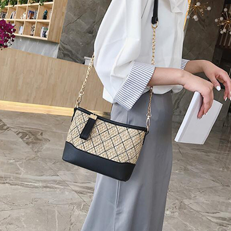 Casual Fashion Wild Straw Bag Chain Sling Wandering Bag Bucket Handbag Quilting Messenger - ebowsos