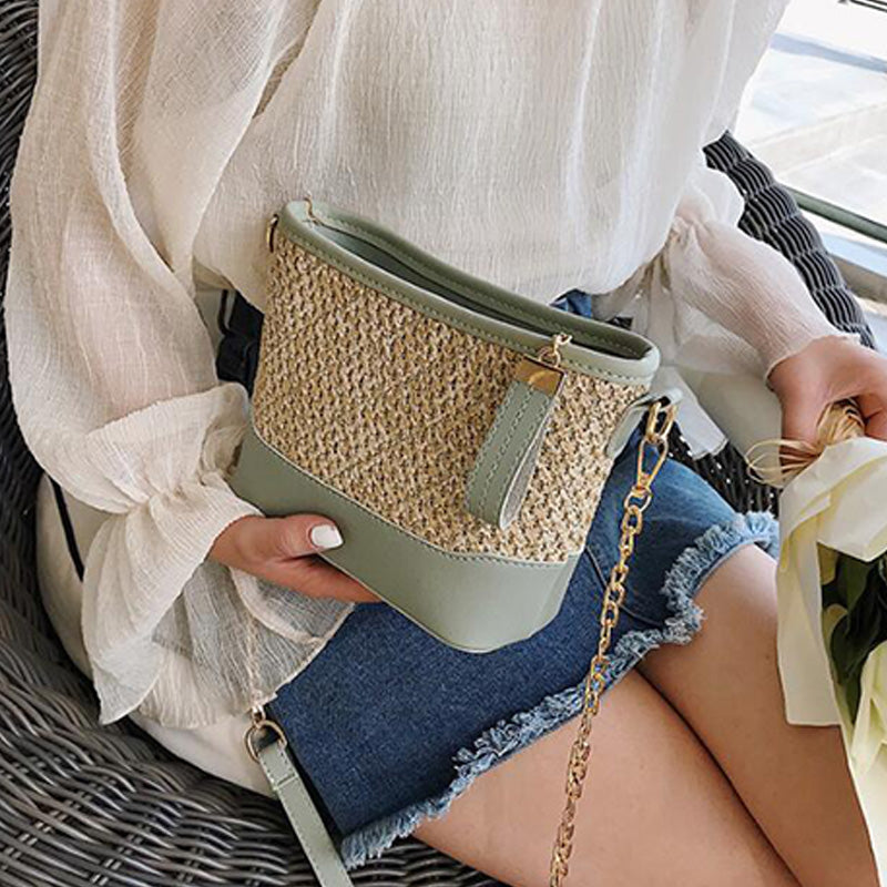 Casual Fashion Wild Straw Bag Chain Sling Wandering Bag Bucket Handbag Quilting Messenger - ebowsos