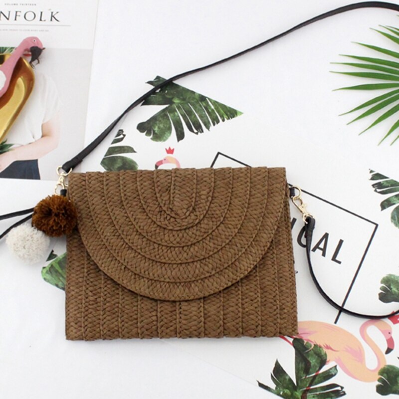 Casual New Ball Hand Clutch Bag Shoulder Crossbody Bag Straw Bag Women Woven Handbag - ebowsos