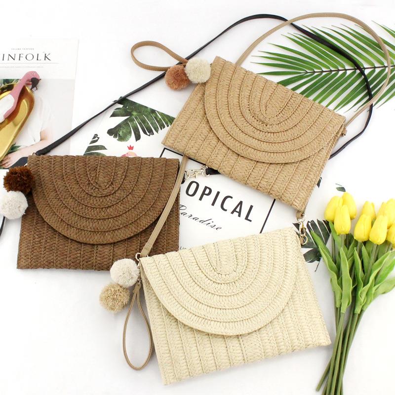 Casual New Ball Hand Clutch Bag Shoulder Crossbody Bag Straw Bag Women Woven Handbag - ebowsos