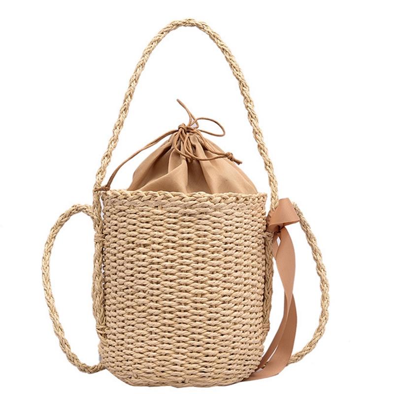 Casual Silk Scarf Small Bucket Straw Bag Fashion Trend Single Shoulder Slung Woven Bag Beach Bag Female Messenger Bag - ebowsos