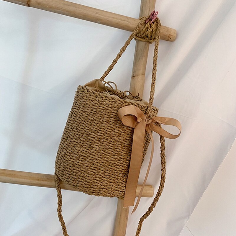 Casual Silk Scarf Small Bucket Straw Bag Fashion Trend Single Shoulder Slung Woven Bag Beach Bag Female Messenger Bag - ebowsos