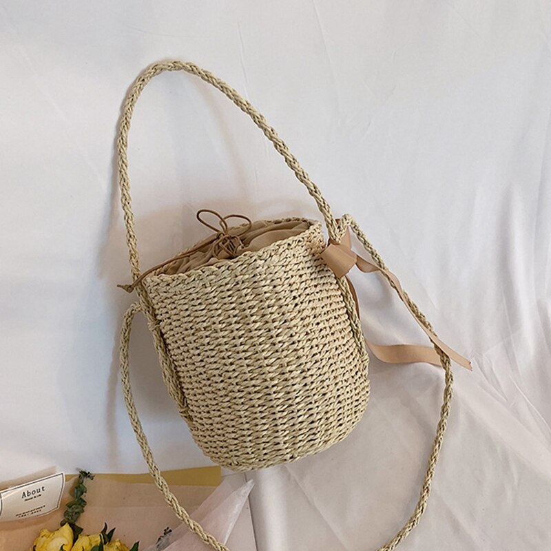 Casual Silk Scarf Small Bucket Straw Bag Fashion Trend Single Shoulder Slung Woven Bag Beach Bag Female Messenger Bag - ebowsos