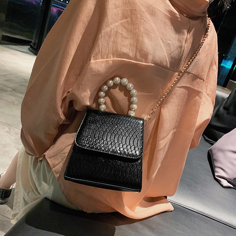 Chain Handbag Vintage Pearl Handle Women Evening Pu Shoulder Bag Fashion Ladies Crossbody Bag - ebowsos