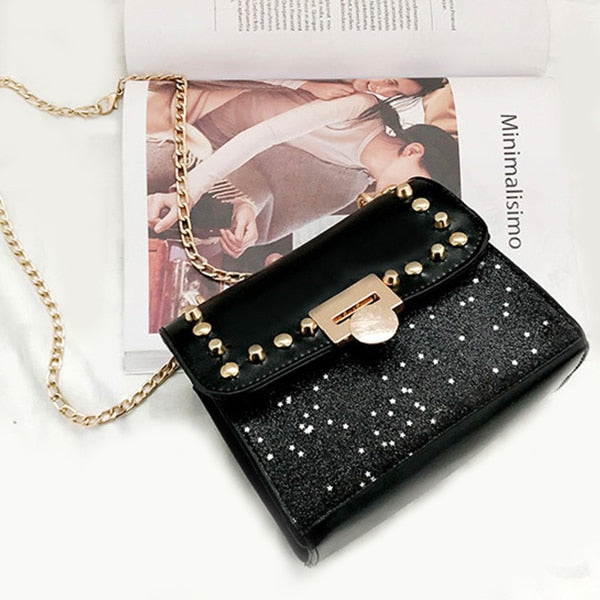 Chain Sequins Women Bag Rivets Matte Women Messenger Bag Evening Party Package Women'S Handbag Pouch(Black) - ebowsos