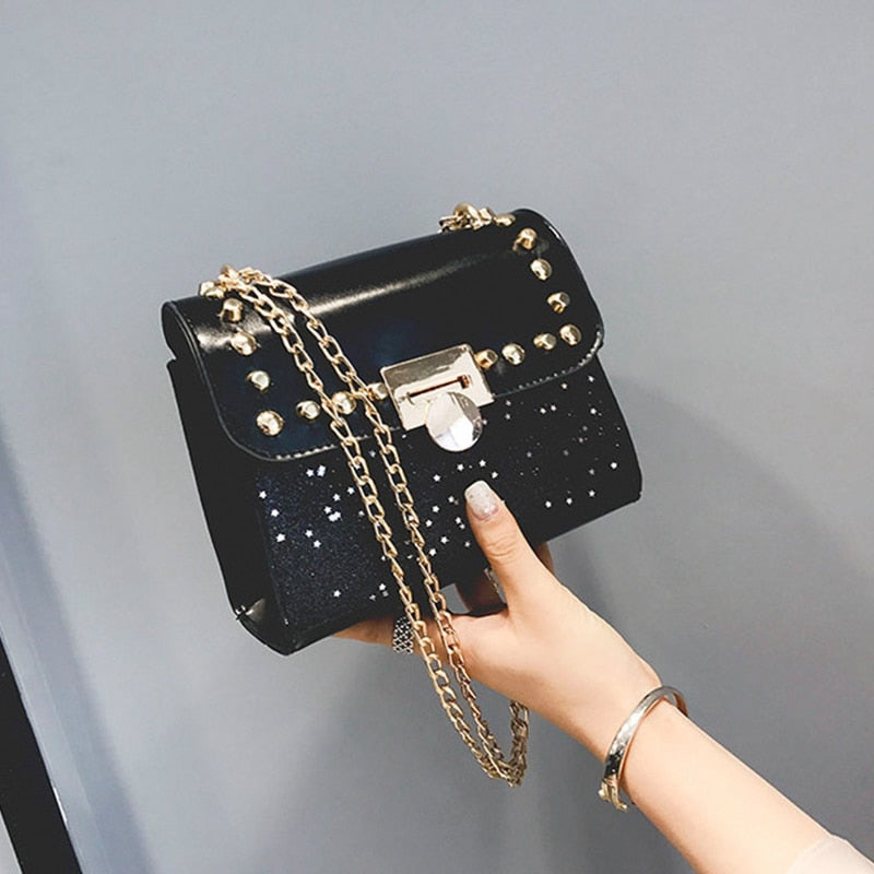 Chain Sequins Women Bag Rivets Matte Women Messenger Bag Evening Party Package Women'S Handbag Pouch(Black) - ebowsos