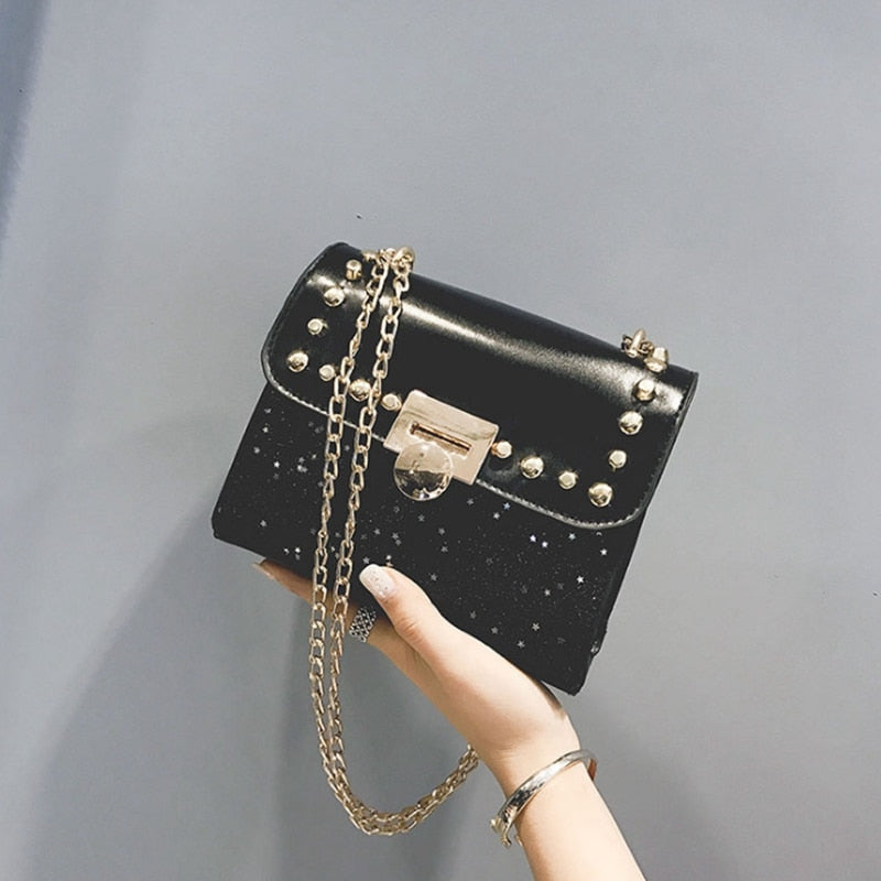 Chain Sequins Women Bag Rivets Matte Women Messenger Bag Evening Party Package Women'S Handbag Pouch(Black) - ebowsos