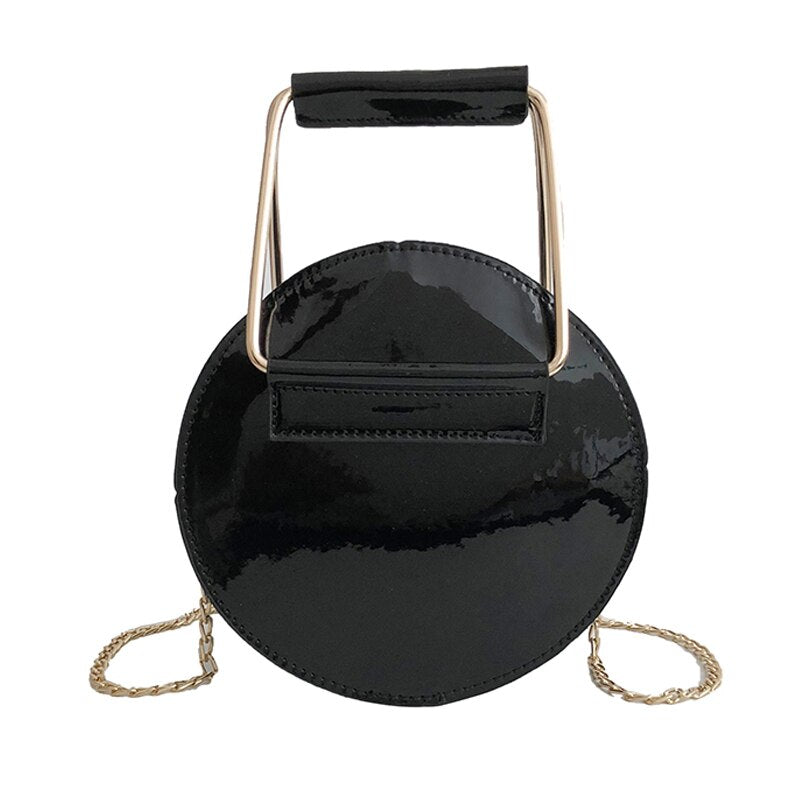 Circular Glossy PU Leather Retro Metal Ring Handbag Small Round Women Shoulder Mini Bag - ebowsos