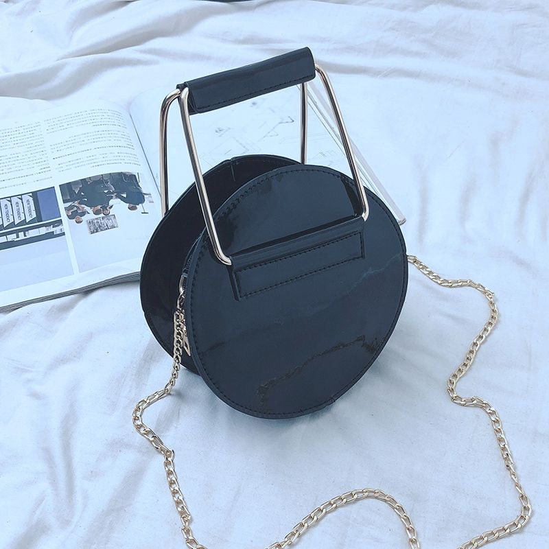 Circular Glossy PU Leather Retro Metal Ring Handbag Small Round Women Shoulder Mini Bag - ebowsos