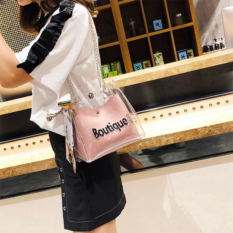 Clear Bag Bucket Bag Fashion Transparent Women'S Shoulder Messenger Beach Casual Shopping Bag - ebowsos