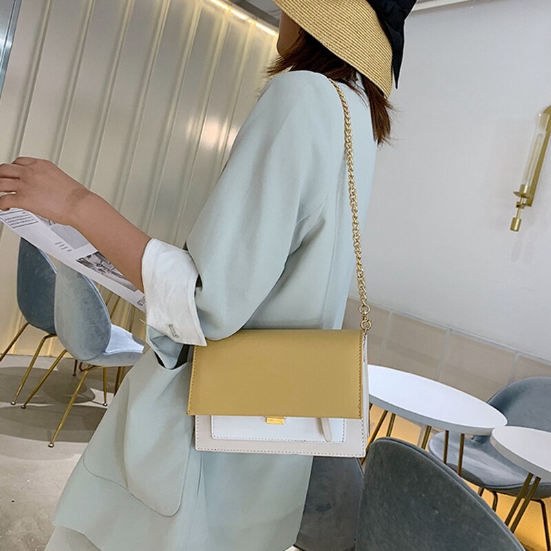 Contrast Leather Messenger Bag Ladies Summer Chain Slung Shoulder Bag Ladies Travel Mini Handbag - ebowsos