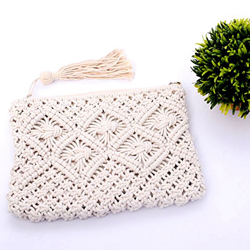 Cotton Rope Fringed Handmade Cotton Bags Bales The Only Shoulders Beach Bags (White) - ebowsos