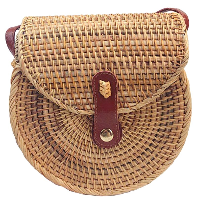 Crossbody Shoulder Bag Rattan Handmade Round Straw Woven Boho Beach Travel Handbag And Everyday Use For Women,Leather - ebowsos