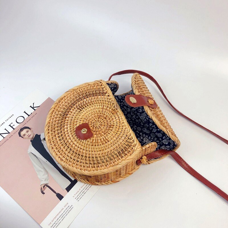 Crossbody Shoulder Bag Rattan Handmade Round Straw Woven Boho Beach Travel Handbag And Everyday Use For Women,Leather - ebowsos