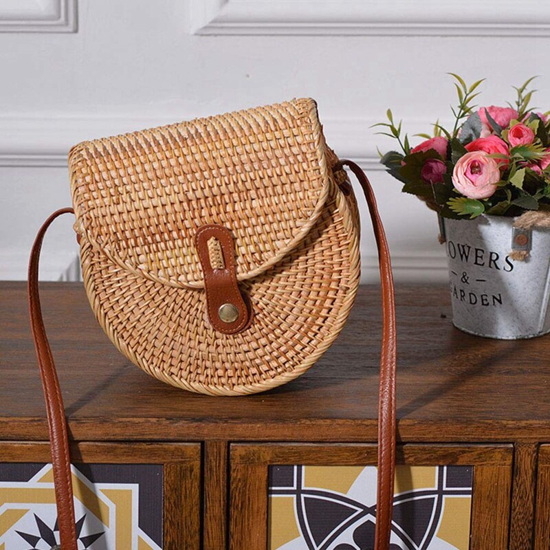 Crossbody Shoulder Bag Rattan Handmade Round Straw Woven Boho Beach Travel Handbag And Everyday Use For Women,Leather - ebowsos