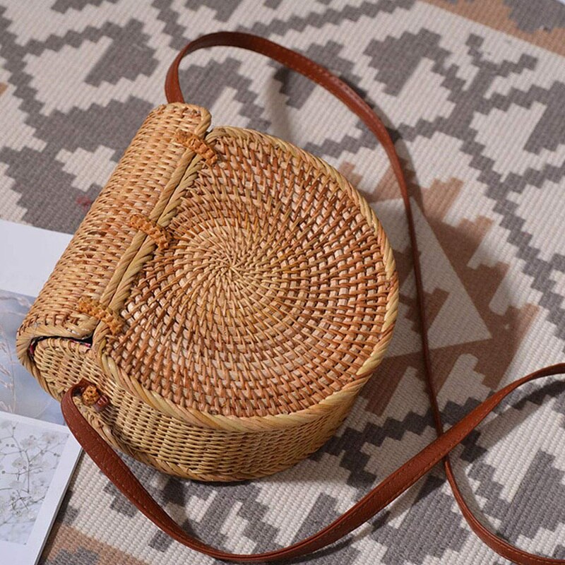 Crossbody Shoulder Bag Rattan Handmade Round Straw Woven Boho Beach Travel Handbag And Everyday Use For Women,Leather - ebowsos