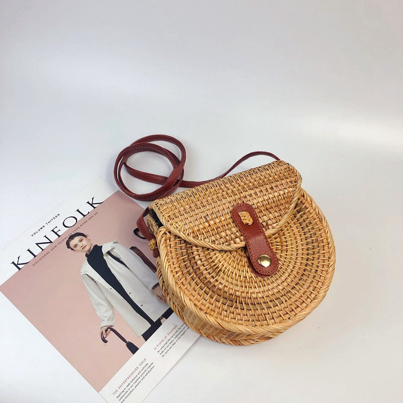 Crossbody Shoulder Bag Rattan Handmade Round Straw Woven Boho Beach Travel Handbag And Everyday Use For Women,Leather - ebowsos