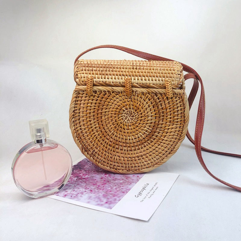 Crossbody Shoulder Bag Rattan Handmade Round Straw Woven Boho Beach Travel Handbag And Everyday Use For Women,Leather - ebowsos