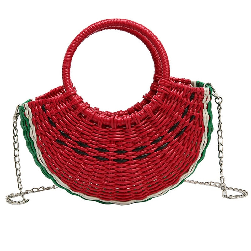 Cute Watermelon Shaped Straw Bags Women Semicircle Moon Shaped Handbags Women Rattan Beach Bags Brands Bohemian Knitting - ebowsos