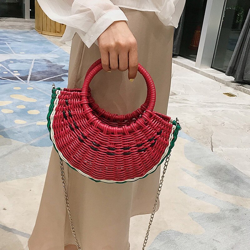 Cute Watermelon Shaped Straw Bags Women Semicircle Moon Shaped Handbags Women Rattan Beach Bags Brands Bohemian Knitting - ebowsos