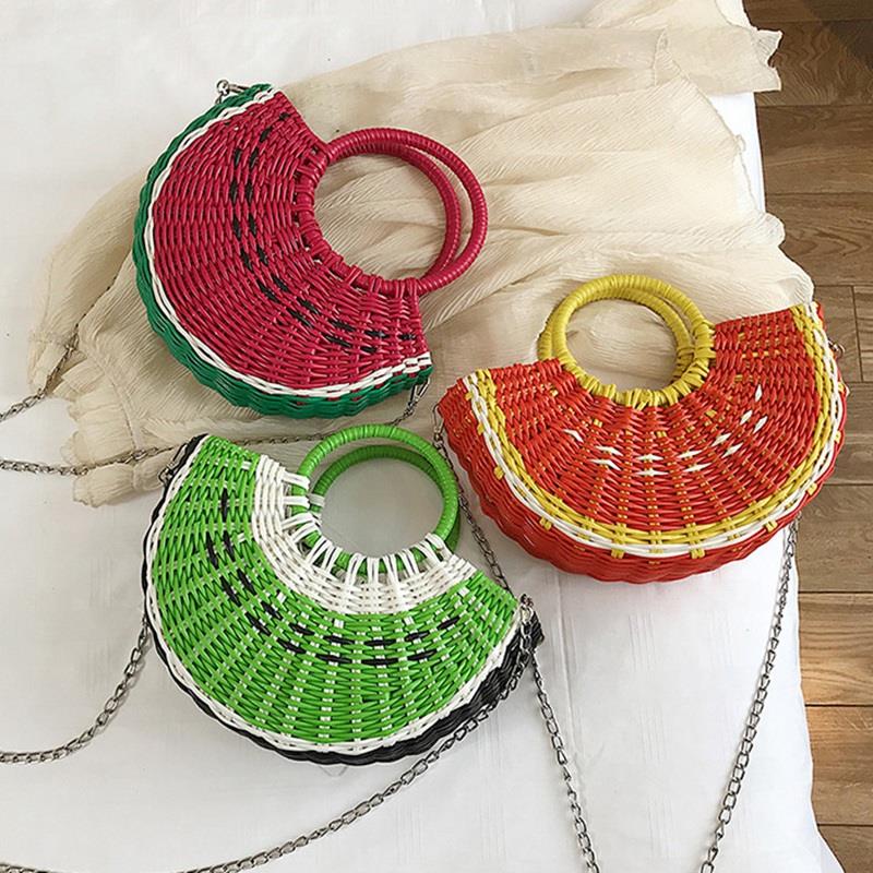 Cute Watermelon Shaped Straw Bags Women Semicircle Moon Shaped Handbags Women Rattan Beach Bags Brands Bohemian Knitting - ebowsos