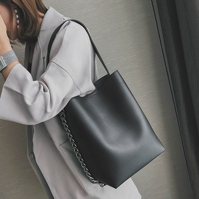 Design women shoulder bag Large capacity Chain bucket Handbags Quality PU leather Women's Totes Shopping Bag feminin - ebowsos