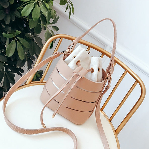 Drawstring Bucket Bag For Women Mini Pu Leather Crossbody Bags Ladies Shoulder Bags Female Handbags Pure Color - ebowsos