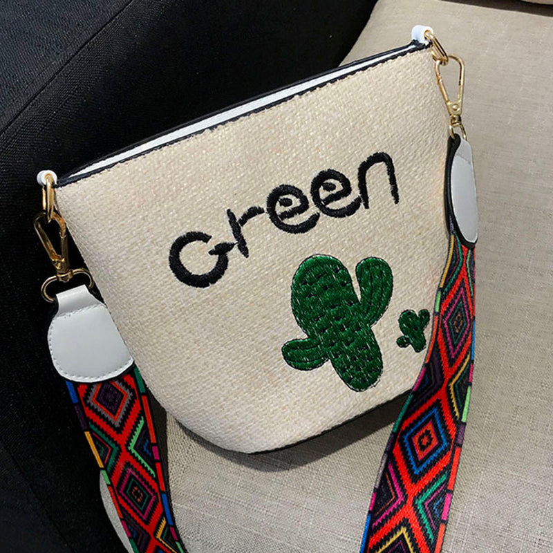 Embroidery Straw Bag Hand Weave Small Bags Summer Crossbody Mini Bags Cactus Cute Shoulder Bags for Women - ebowsos