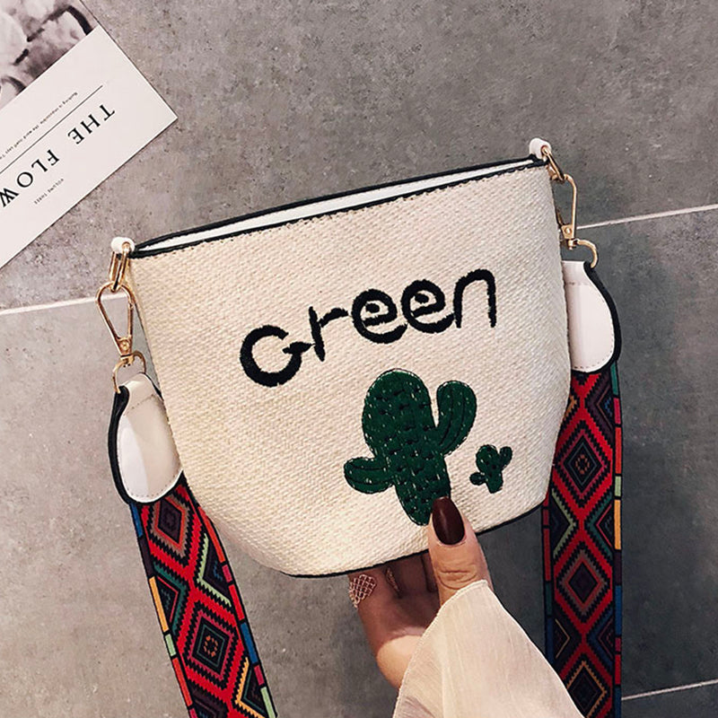 Embroidery Straw Bag Hand Weave Small Bags Summer Crossbody Mini Bags Cactus Cute Shoulder Bags for Women - ebowsos