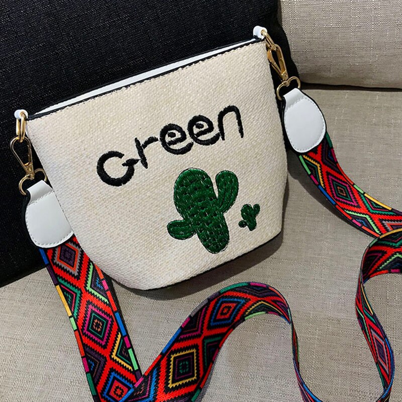 Embroidery Straw Bag Hand Weave Small Bags Summer Crossbody Mini Bags Cactus Cute Shoulder Bags for Women - ebowsos