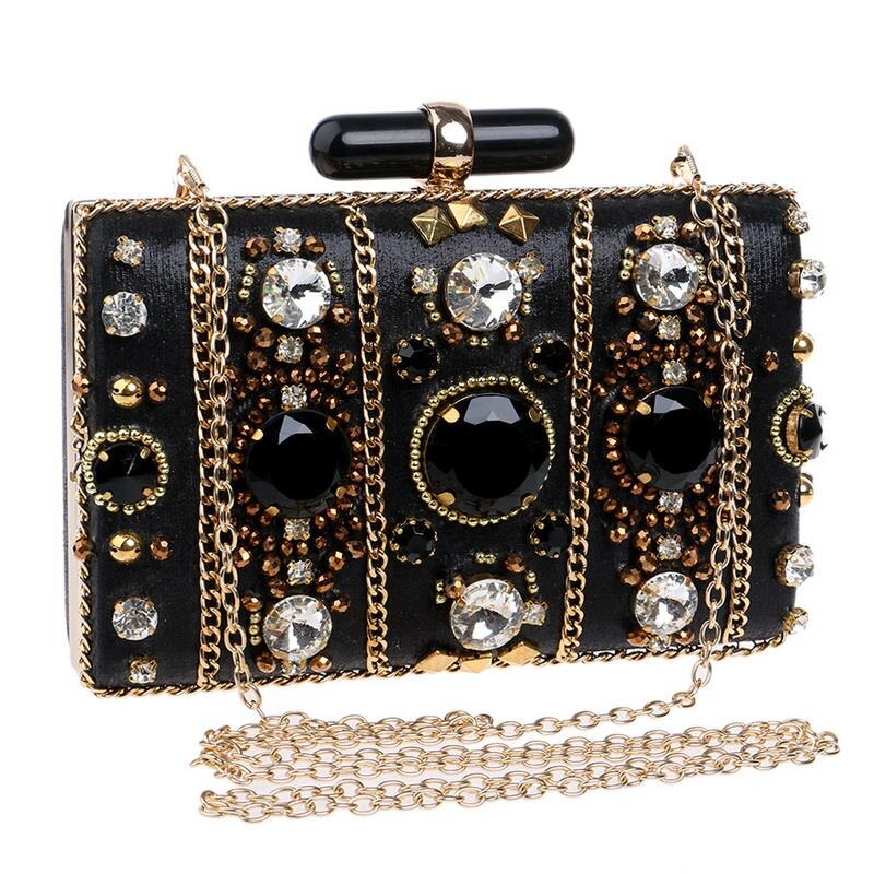 Embroidery Women Handbags Beaded Chain Accessory Metal Day Clutches Party Wedding Evening Bags One Side Diamonds Purse - ebowsos