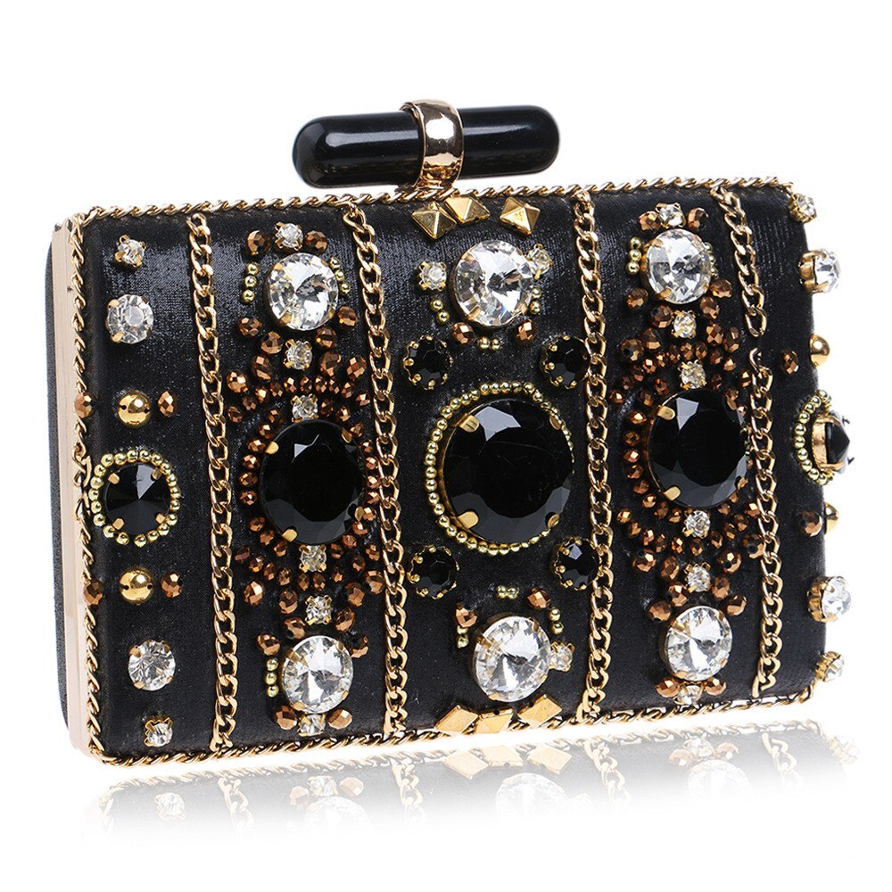 Embroidery Women Handbags Beaded Chain Accessory Metal Day Clutches Party Wedding Evening Bags One Side Diamonds Purse - ebowsos