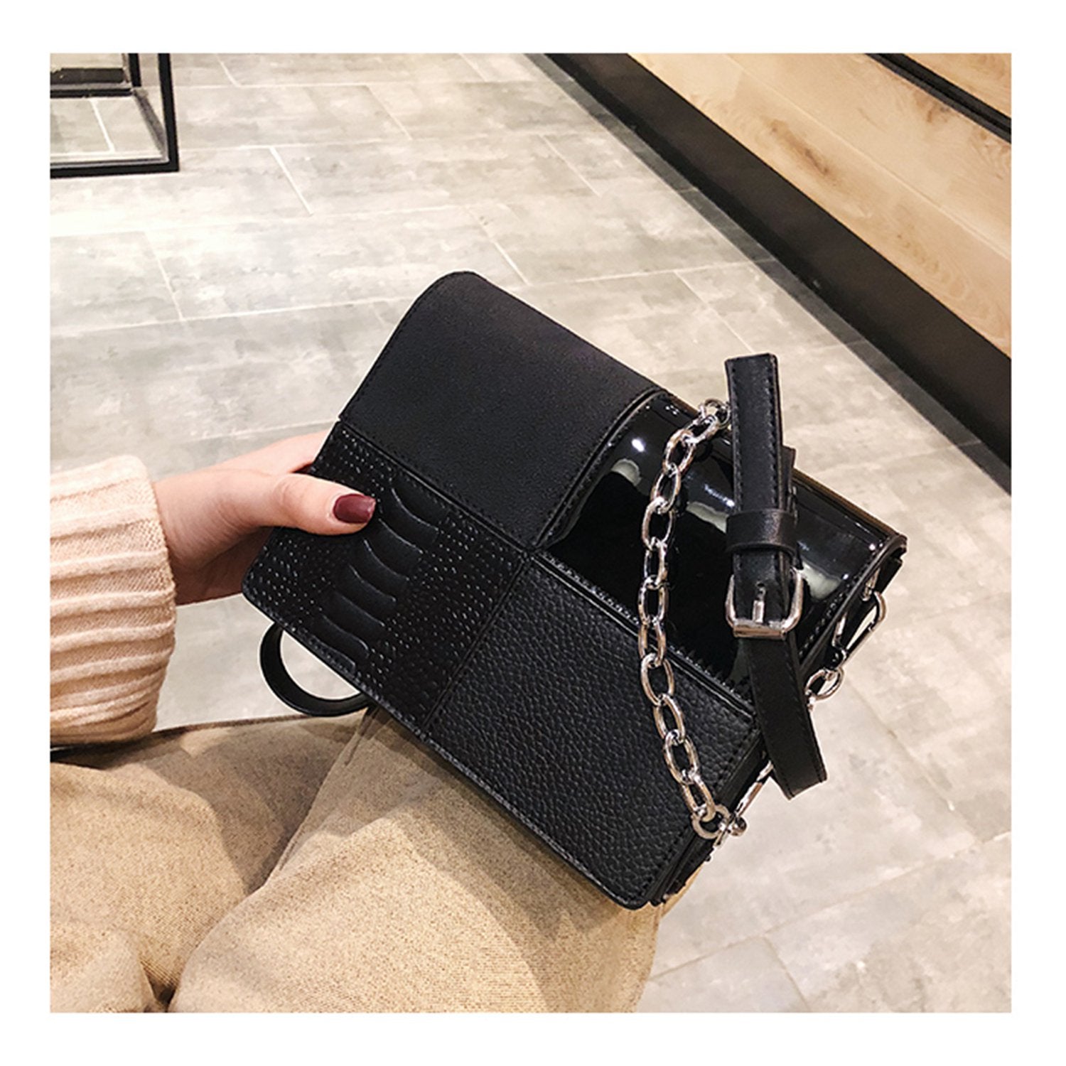 European Retro Fashion Square Bag Pu Leather Women's Designer Handbag Splicing Chain Shoulder Messenger Bsgs - ebowsos