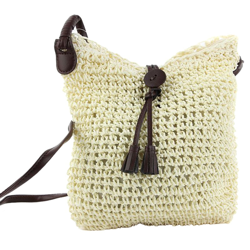 Fabric bags Shoulder Straw Summer of Women Fabric Crossbody Bags Canvas Jute Beach Travel Bag Brown - ebowsos