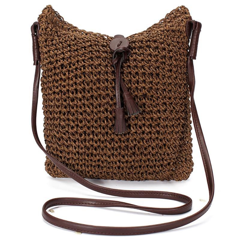 Fabric bags Shoulder Straw Summer of Women Fabric Crossbody Bags Canvas Jute Beach Travel Bag Brown - ebowsos