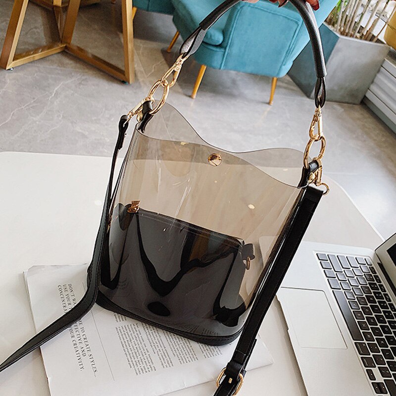 Fashion 2Pcs Transparent Pvc Ladies Shoulder Bag Summer Beach Large Handbag Casual Handbag Ladies Messenger Bag - ebowsos