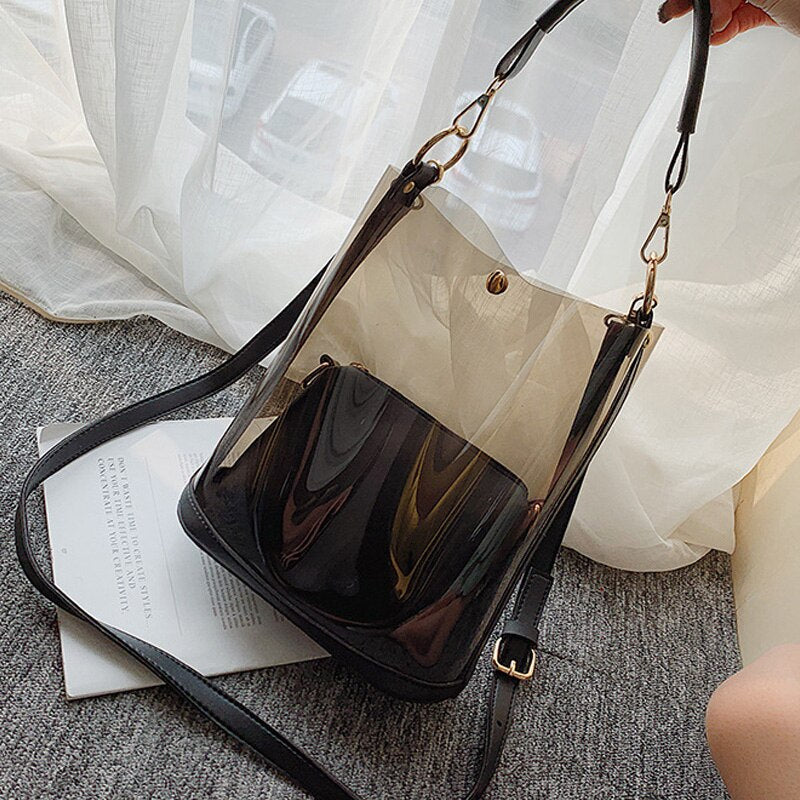 Fashion 2Pcs Transparent Pvc Ladies Shoulder Bag Summer Beach Large Handbag Casual Handbag Ladies Messenger Bag - ebowsos