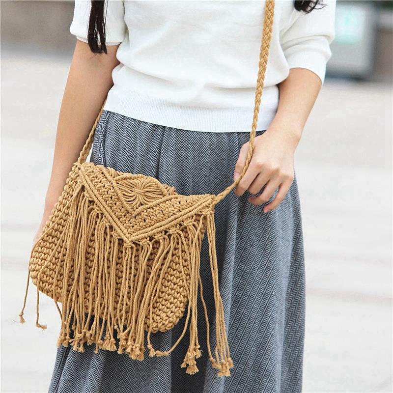 Fashion Casual Straw Bag Hollow Tassel Beach Bag Flip Hand Woven Bag Cotton Rope Shoulder Bag Crossbody (Brown) - ebowsos