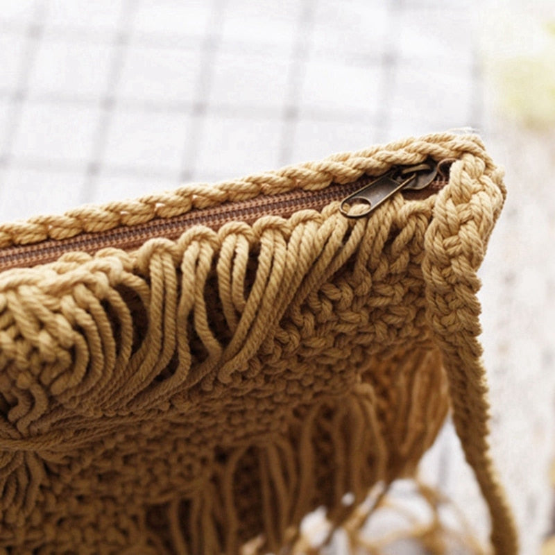 Fashion Casual Straw Bag Hollow Tassel Beach Bag Flip Hand Woven Bag Cotton Rope Shoulder Bag Crossbody (Brown) - ebowsos