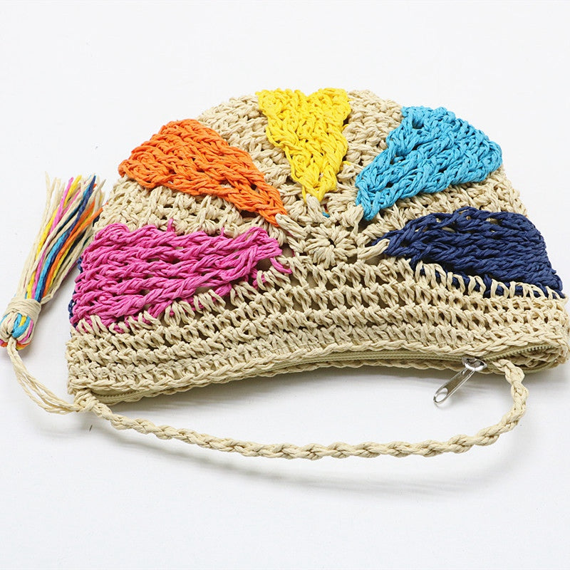 Fashion Crochet Summer Beach Bags Colorful Straw Bag Bohemian Tassel Shoulder Messenger Bag Rattan Knit Bag - ebowsos