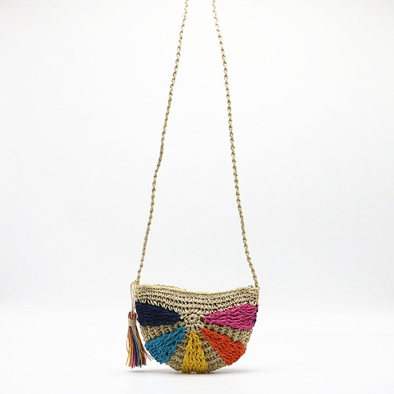 Fashion Crochet Summer Beach Bags Colorful Straw Bag Bohemian Tassel Shoulder Messenger Bag Rattan Knit Bag - ebowsos