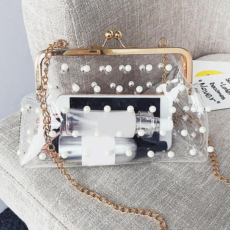 Fashion Evening Chain Shoulder Bag Girl Messenger Handbag New Pearls Pearls Clear Bag Pvc Transparent Crossbody Bag Women - ebowsos