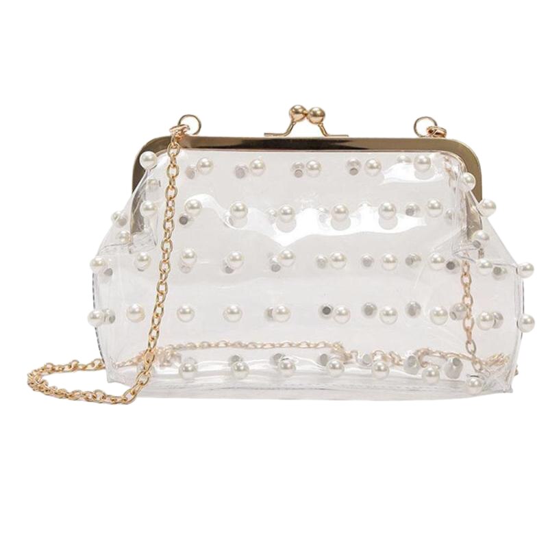 Fashion Evening Chain Shoulder Bag Girl Messenger Handbag New Pearls Pearls Clear Bag Pvc Transparent Crossbody Bag Women - ebowsos