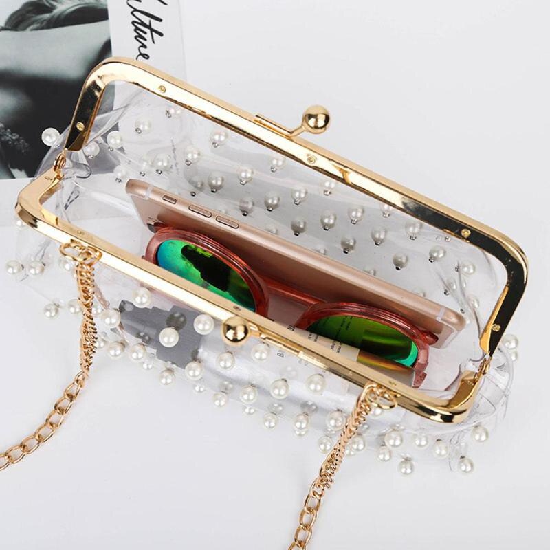 Fashion Evening Chain Shoulder Bag Girl Messenger Handbag New Pearls Pearls Clear Bag Pvc Transparent Crossbody Bag Women - ebowsos