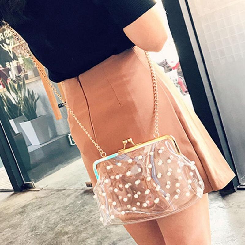 Fashion Evening Chain Shoulder Bag Girl Messenger Handbag New Pearls Pearls Clear Bag Pvc Transparent Crossbody Bag Women - ebowsos