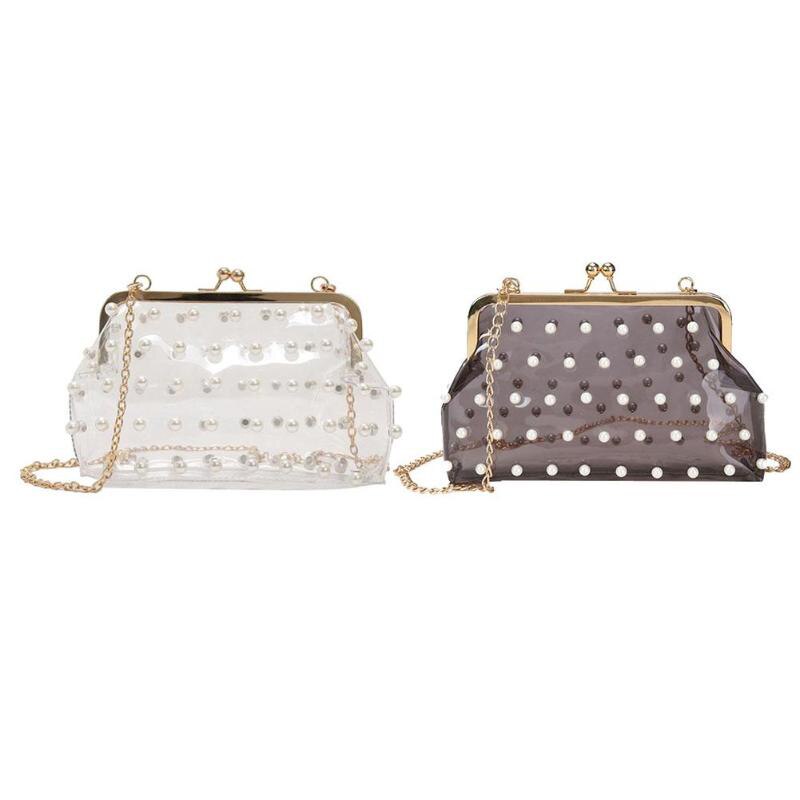 Fashion Evening Chain Shoulder Bag Girl Messenger Handbag New Pearls Pearls Clear Bag Pvc Transparent Crossbody Bag Women - ebowsos