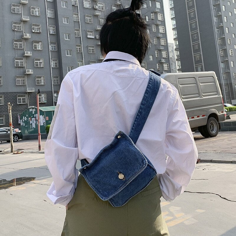 Fashion Female Retro Funny Blue Denim Small Chest Waist Belt Beach Crossbody Shoulder Bag Pack Handbag Women - ebowsos