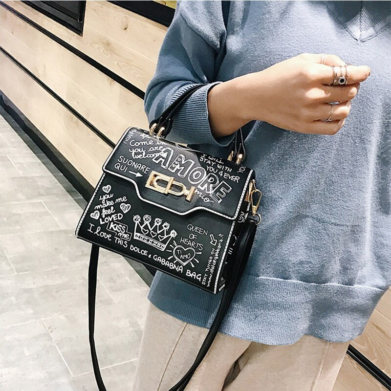 Fashion Graffiti Women Handbag Pu Leather Small Flap Bag Luxury Crossbody Bag For Women Evening Clutch Purse - ebowsos