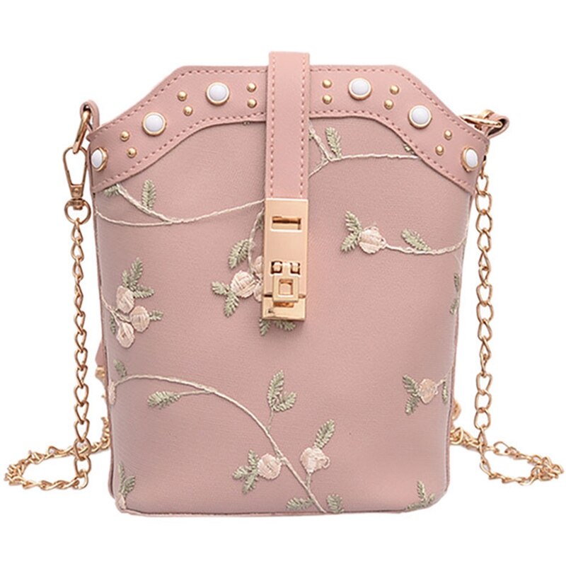 Fashion Handbags New Bucket Bag Solid Color Embroidery Chain Wild Bag Shoulder Messenger Bag Messenger Bag - ebowsos