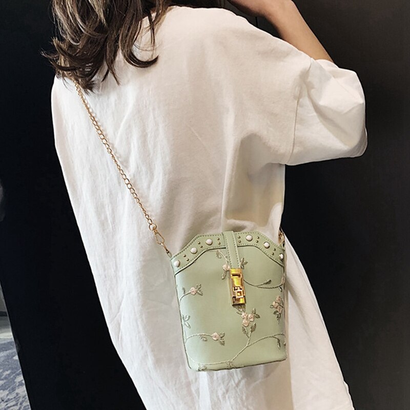 Fashion Handbags New Bucket Bag Solid Color Embroidery Chain Wild Bag Shoulder Messenger Bag Messenger Bag - ebowsos